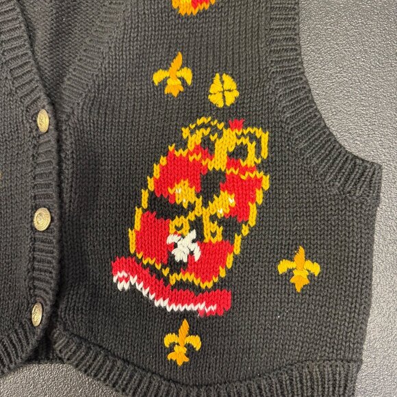 Vintage Jantzen Black Knit Sleeveless Vest Crest Patterns Button-Up Front Size L - Picture 8 of 10